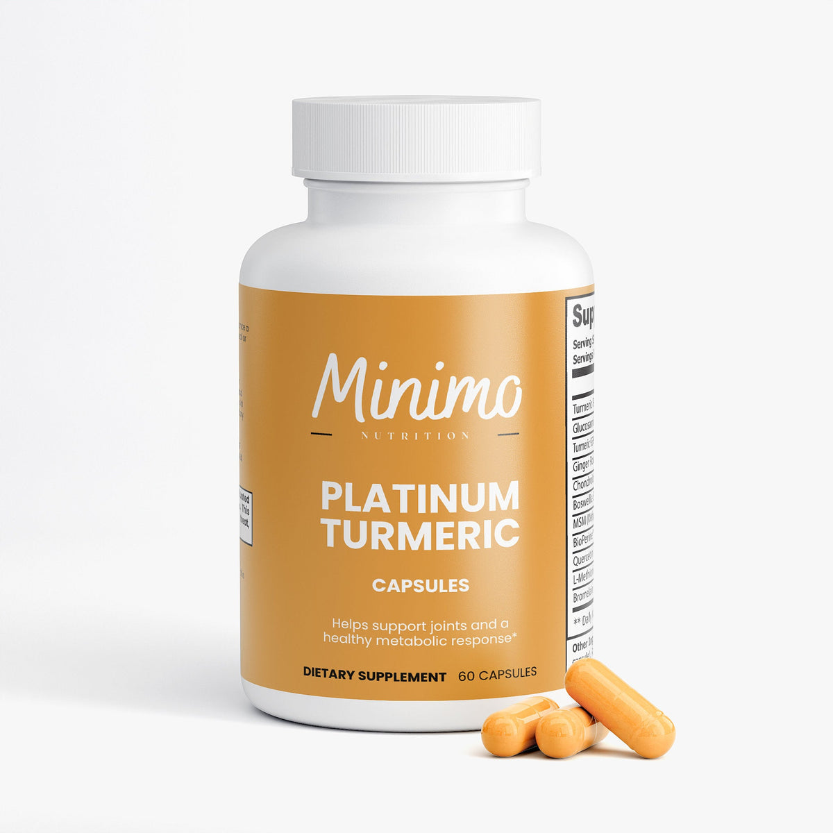 Minimo Nutrition Platinum Turmeric 60 count bottle, label view two