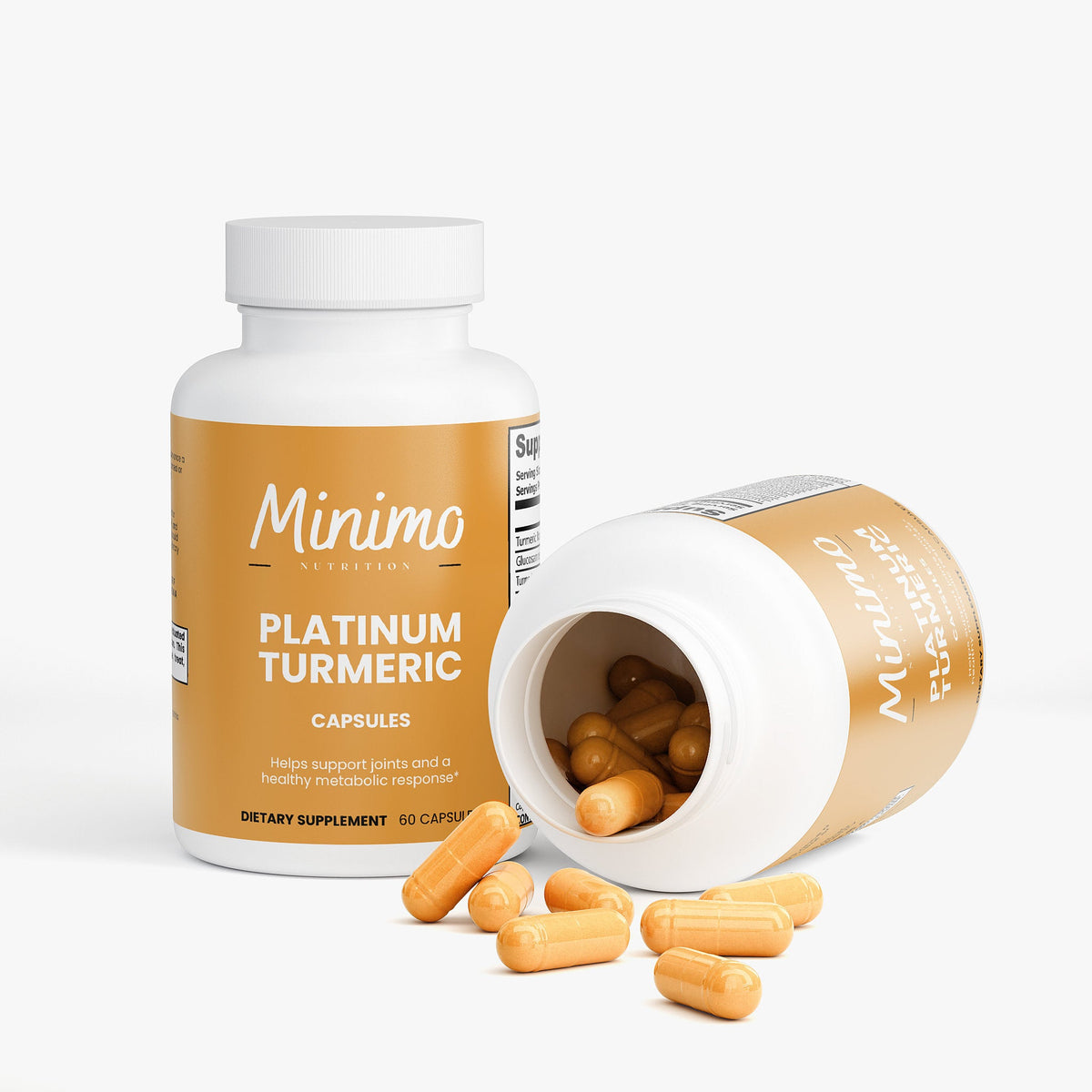 Minimo Nutrition Platinum Turmeric 60 count bottle, label view three