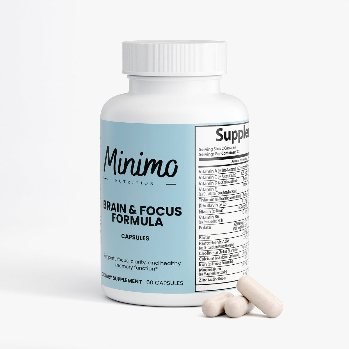 Minimo Nutrition Brain & Focus Formula 60 count bottle, label view two