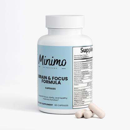 Minimo Nutrition Brain & Focus Formula 60 count bottle, label view two