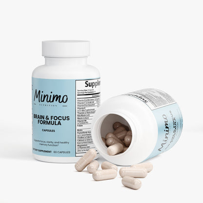 Minimo Nutrition Brain & Focus Formula 60 count bottle, label view three