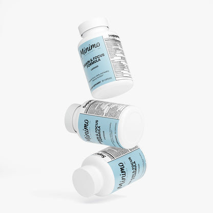 Minimo Nutrition Brain & Focus Formula 60 count bottle, label view four