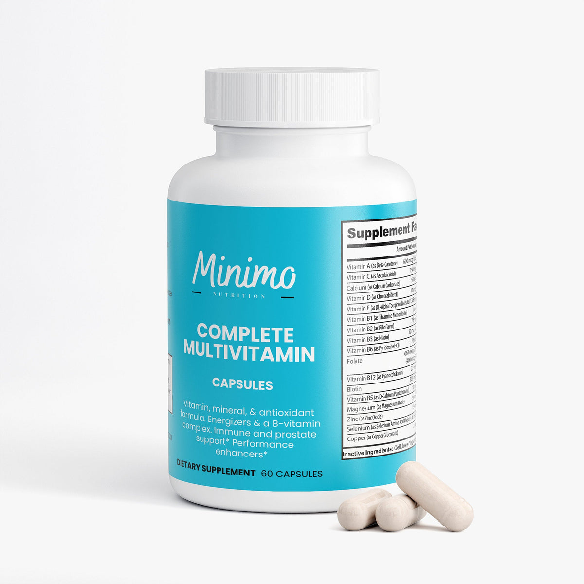 Minimo Nutrition Complete Multivitamin + Immunity Boost 60 count bottle, label view two