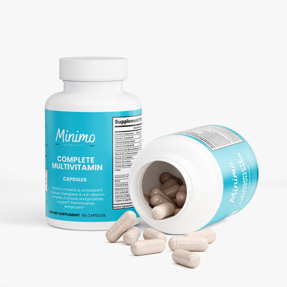 Minimo Nutrition Complete Multivitamin + Immunity Boost 60 count bottle, label view three