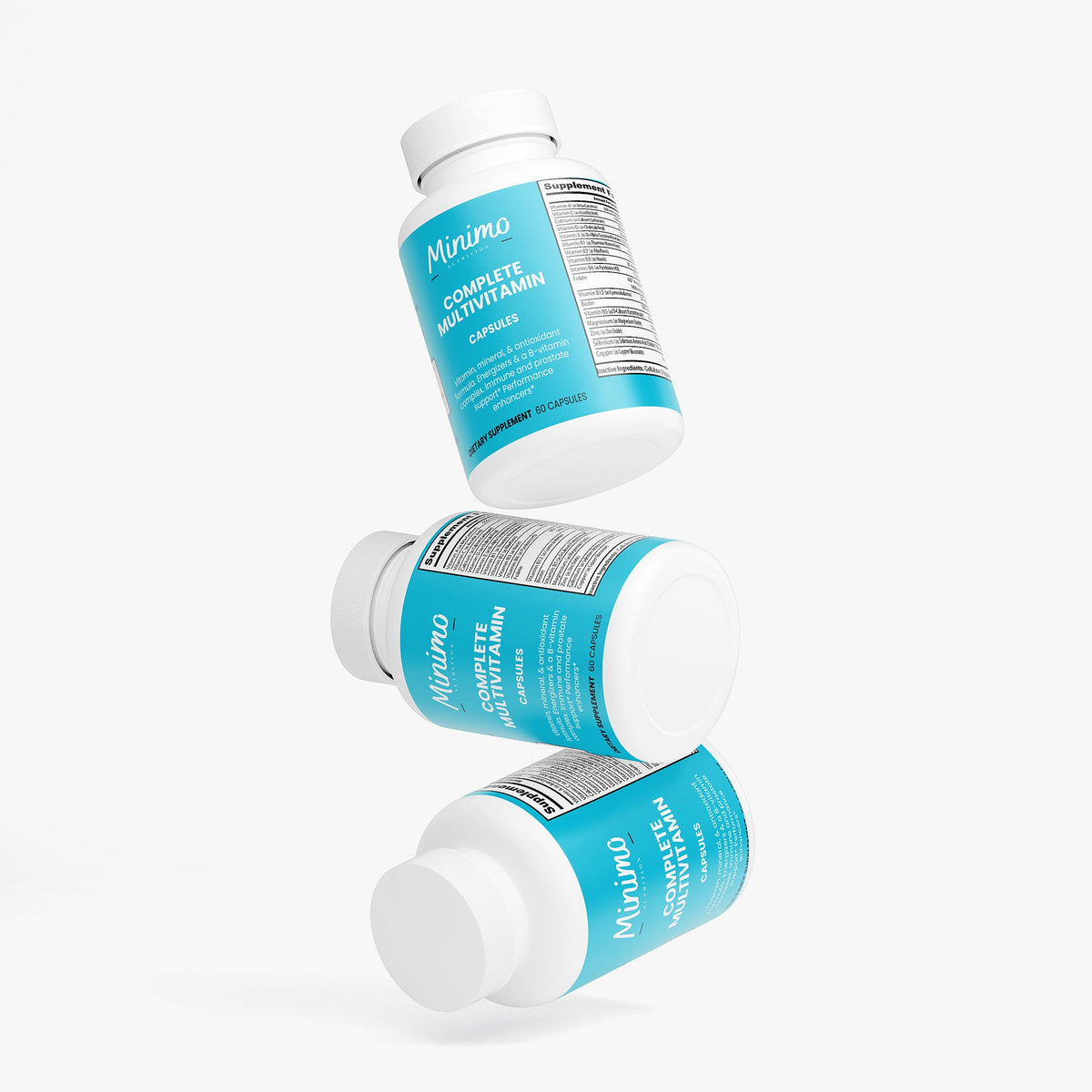 Minimo Nutrition Complete Multivitamin + Immunity Boost 60 count bottle, label view four