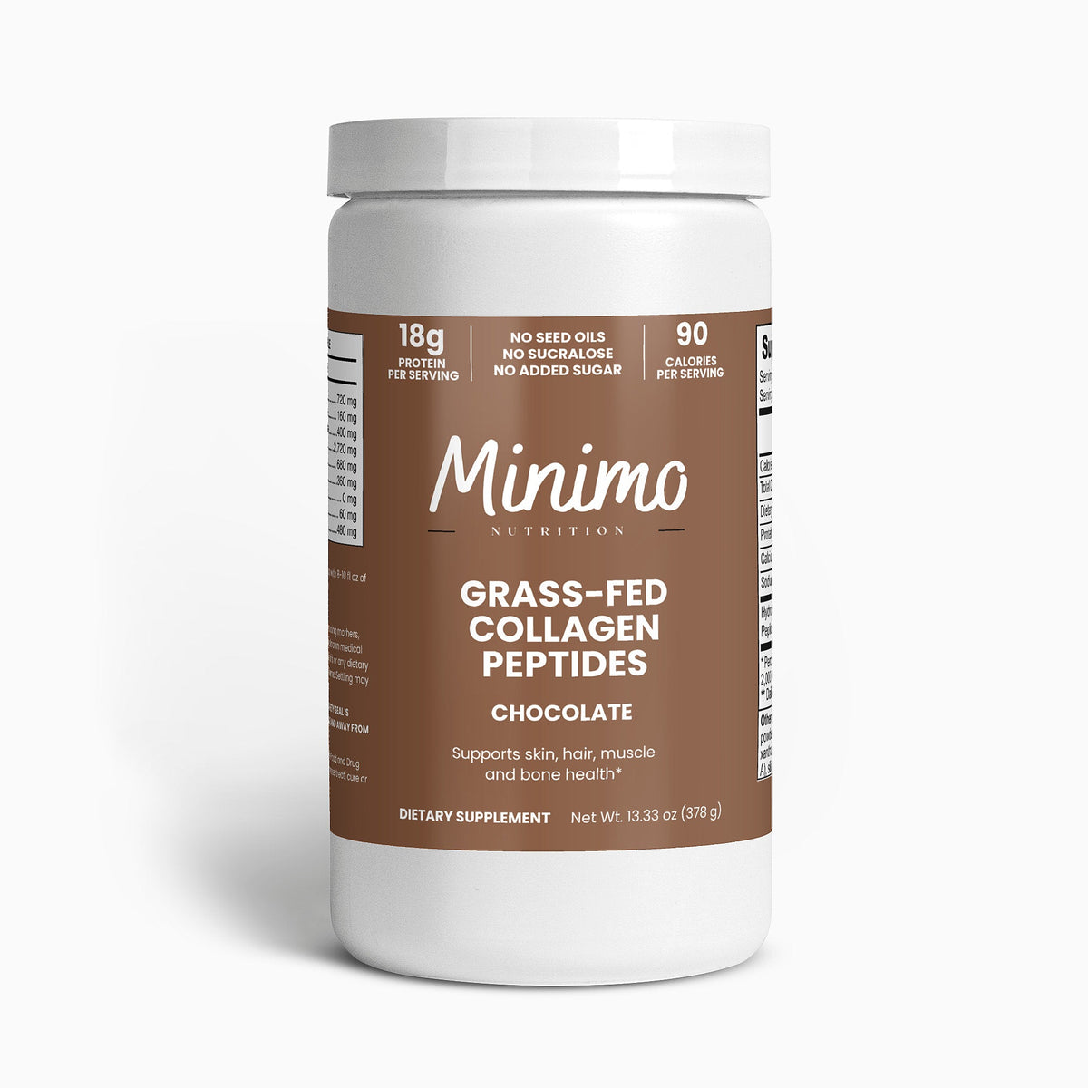 Minimo Nutrition Grass-Fed Collagen Peptides Powder (Chocolate) 13.3 oz tub, front label view