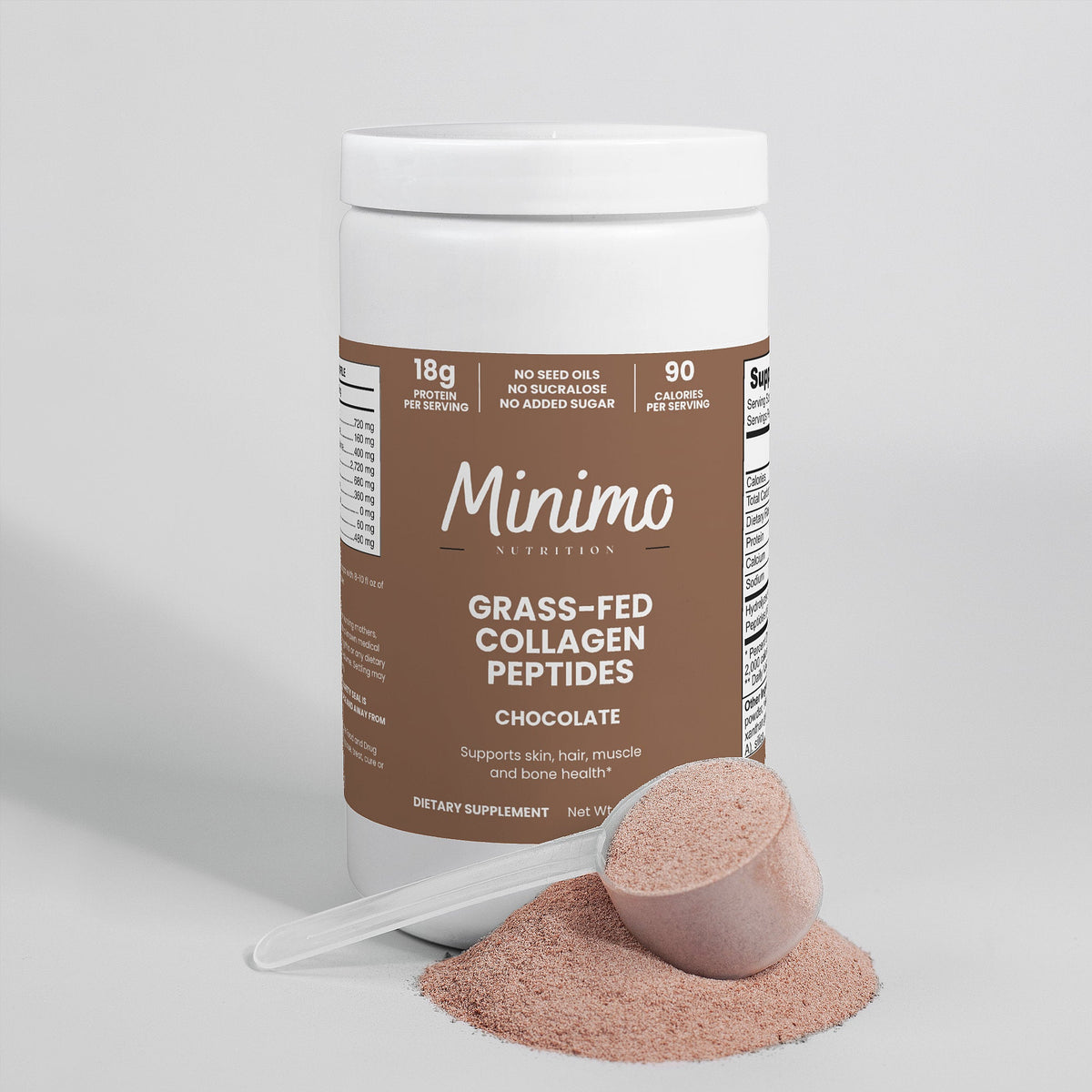 Minimo Nutrition Grass-Fed Collagen Peptides Powder (Chocolate) 13.3 oz tub, label view three