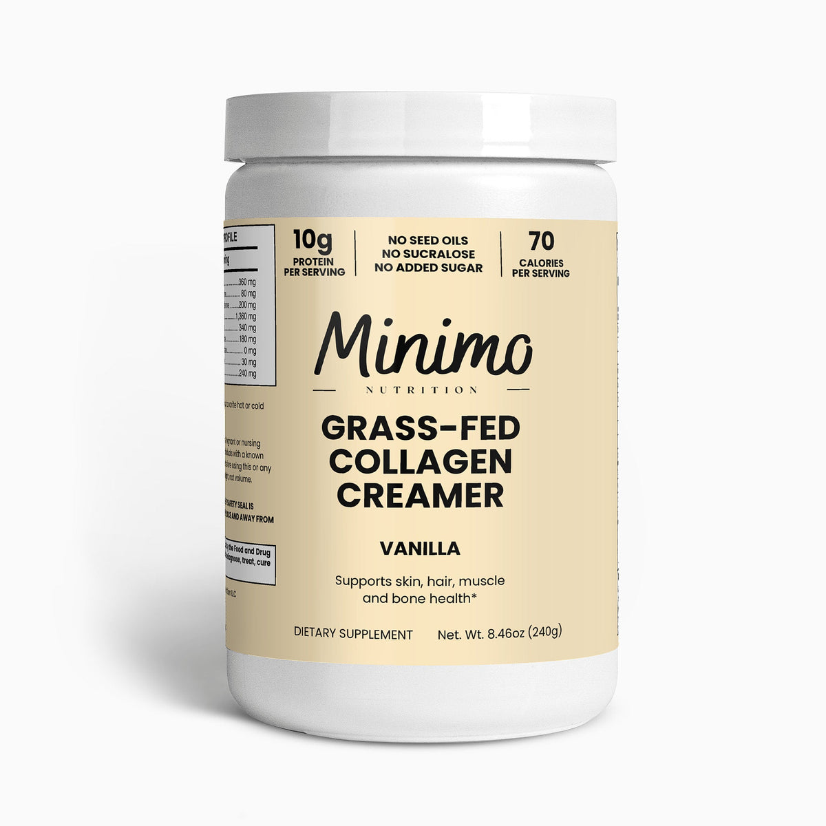 Minimo Nutrition Grass-Fed Collagen Creamer, vanilla, 8.5 oz, product label image