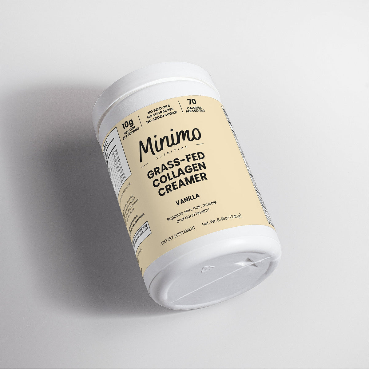 Minimo Nutrition Grass-Fed Collagen Creamer, vanilla, label image, product photo