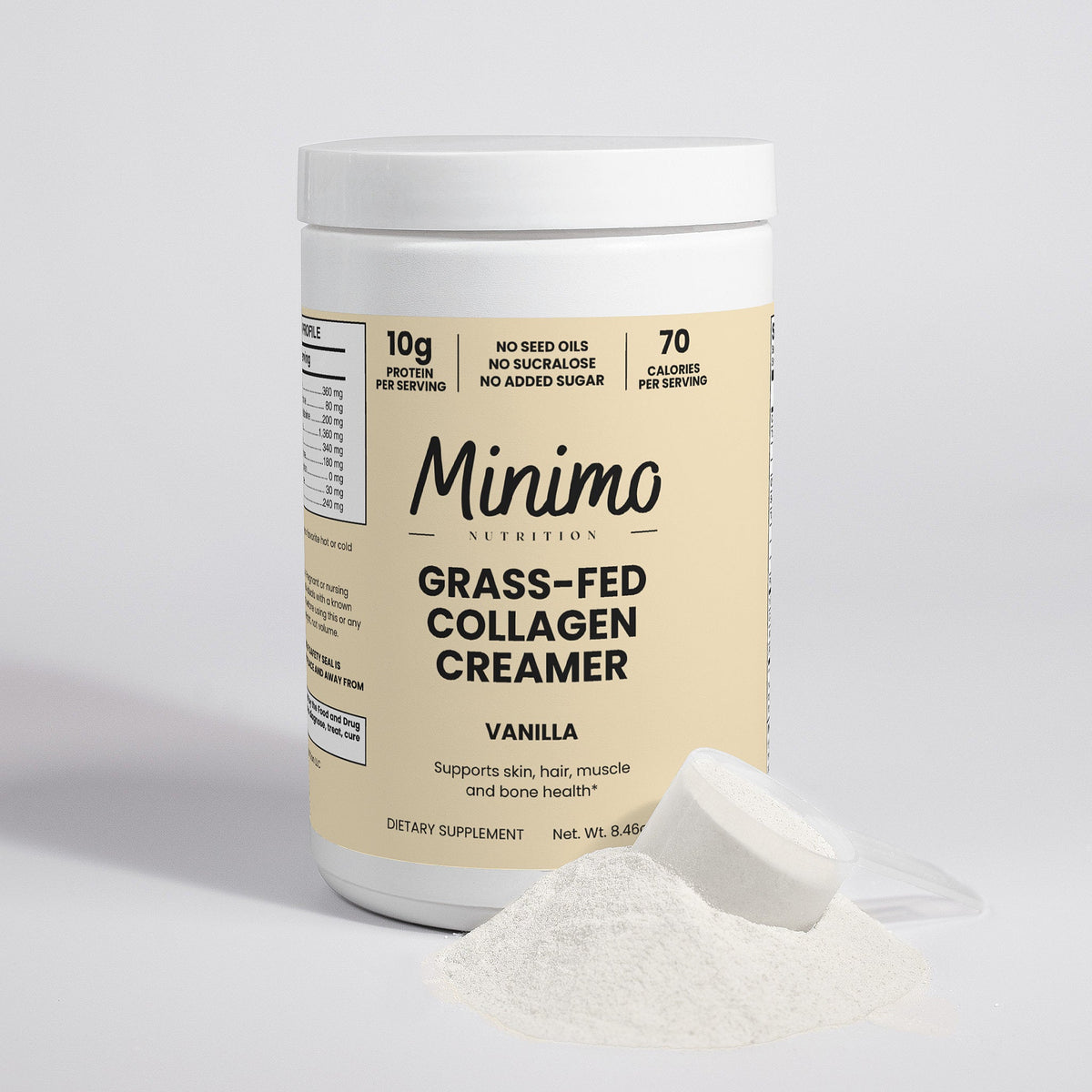 Minimo Nutrition Grass-Fed Collagen Creamer, vanilla, label image, alternate view