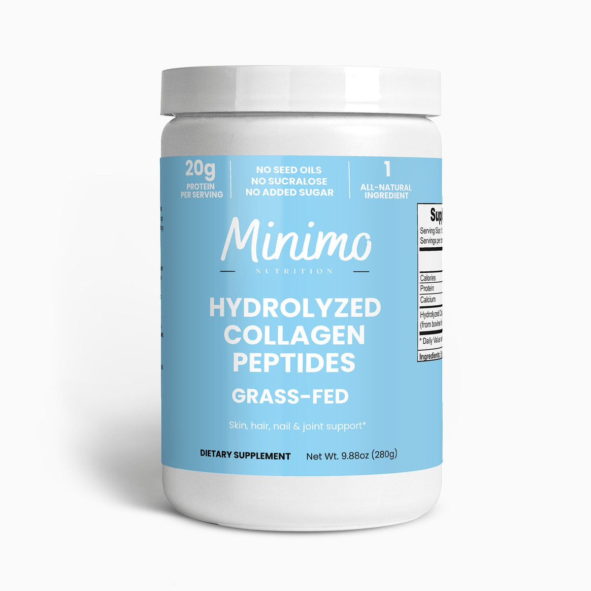 Minimo Nutrition Grass-Fed Hydrolyzed Collagen Peptides 9.9 oz tub, front label view