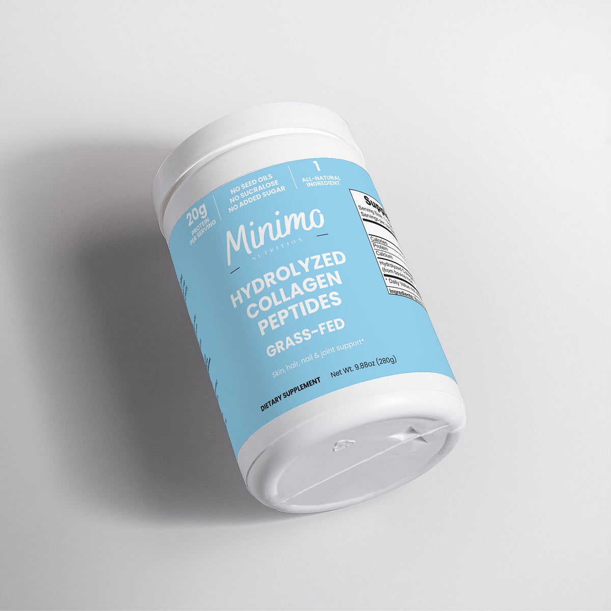 Minimo Nutrition Grass-Fed Hydrolyzed Collagen Peptides 9.9 oz tub, label view two