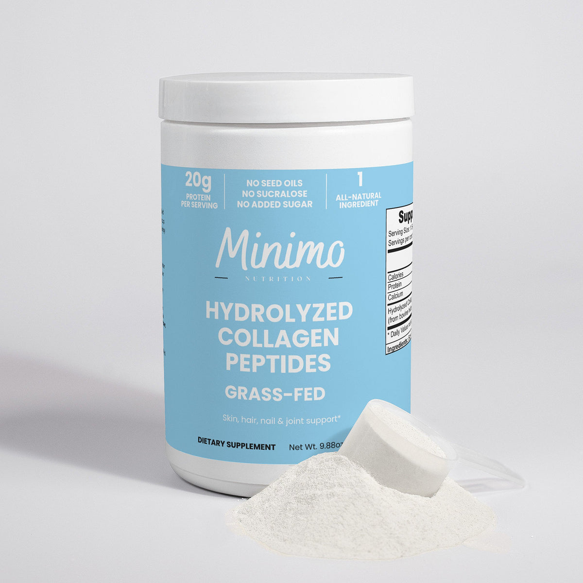 Minimo Nutrition Grass-Fed Hydrolyzed Collagen Peptides 9.9 oz tub, label view three
