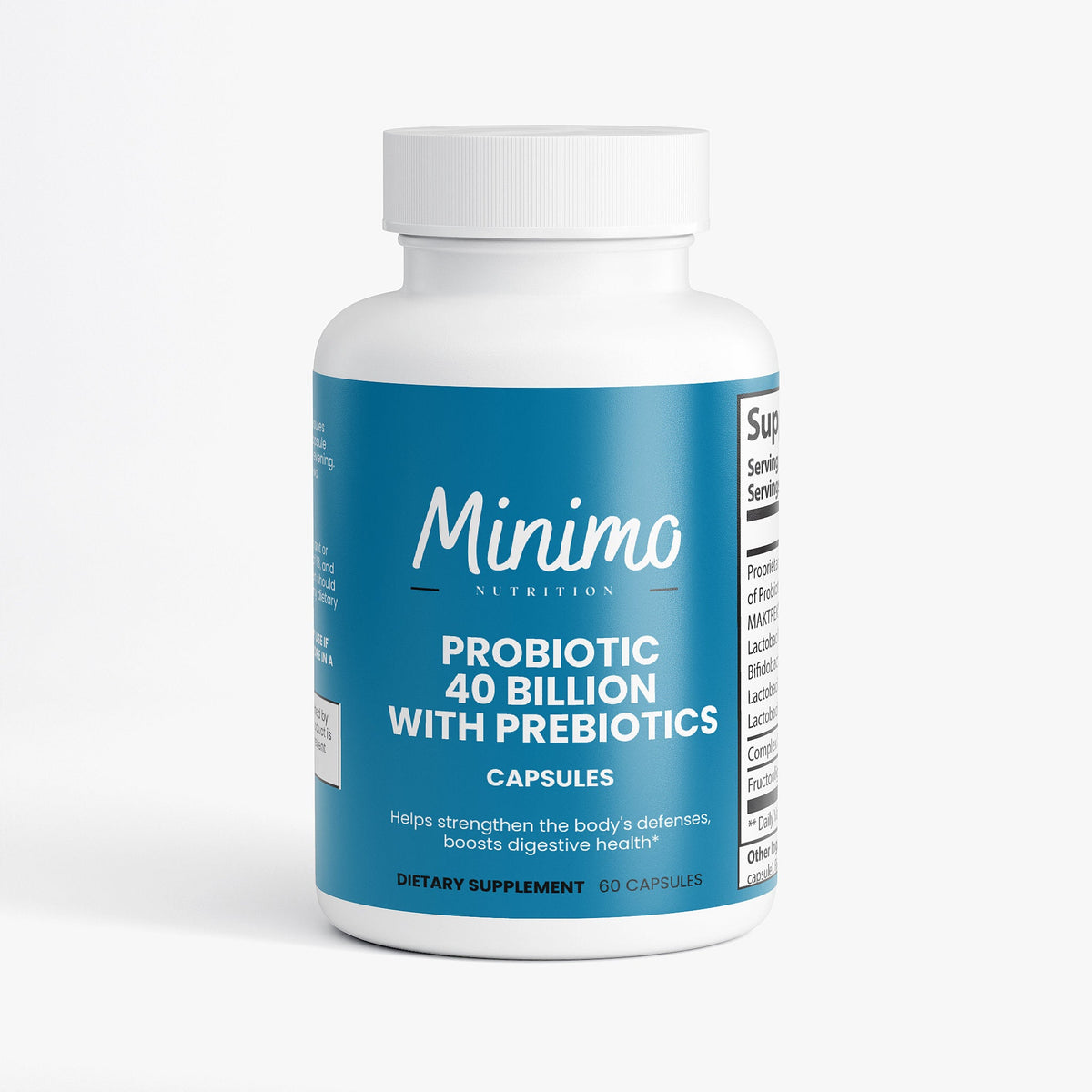Minimo Nutrition Probiotic 40 Billion with Prebiotics 60 count bottle, front label view