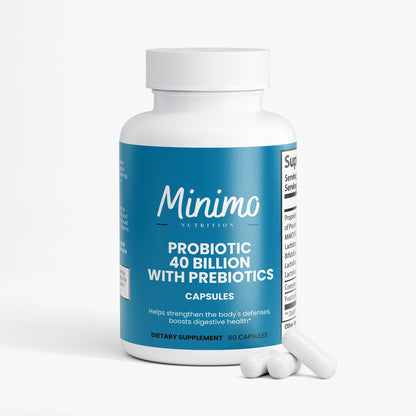 Minimo Nutrition Probiotic 40 Billion with Prebiotics 60 count bottle, label view two