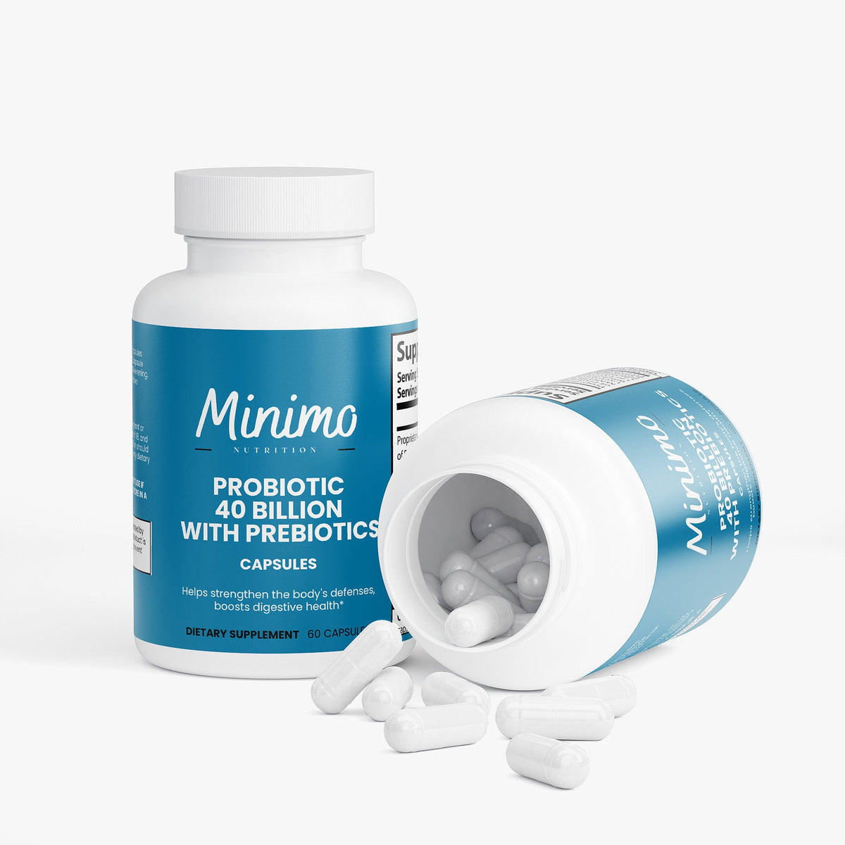 Minimo Nutrition Probiotic 40 Billion with Prebiotics 60 count bottle, label view three