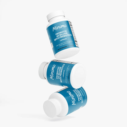 Minimo Nutrition Probiotic 40 Billion with Prebiotics 60 count bottle, label view four