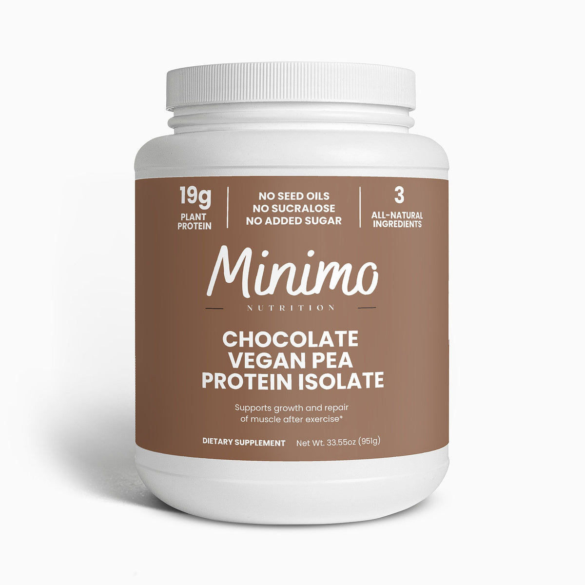 Minimo Nutrition Chocolate Vegan Pea Protein Isolate Powder 2.09 lb tub, front label view