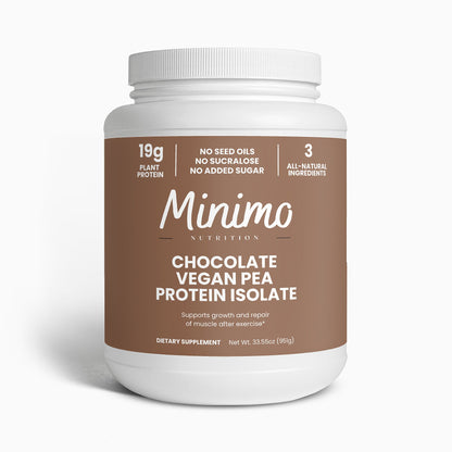 Minimo Nutrition Chocolate Vegan Pea Protein Isolate Powder 2.09 lb tub, front label view