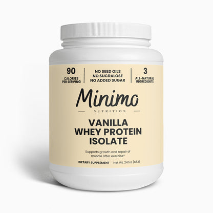 Minimo Nutrition Vanilla Whey Isolate Protein Powder 1.51 lb tub, front label view