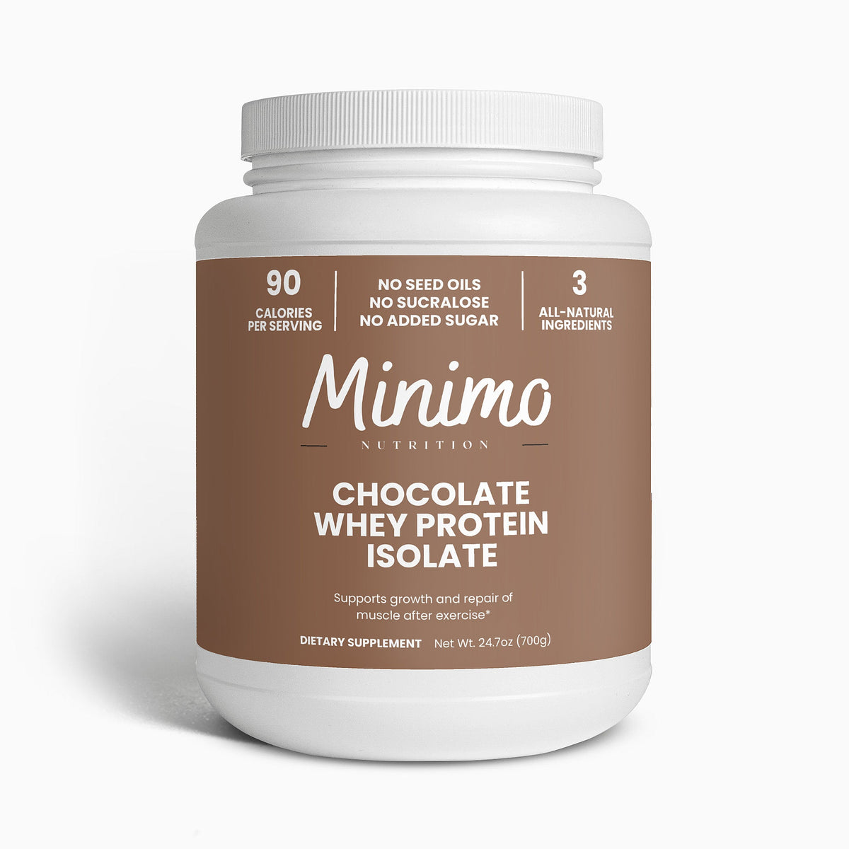 Minimo Nutrition Chocolate Whey Isolate Protein Powder 1.54 lb tub, front label view
