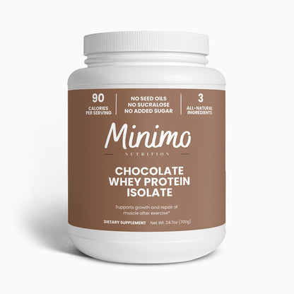 Minimo Nutrition Chocolate Whey Isolate Protein Powder 1.54 lb tub, front label view