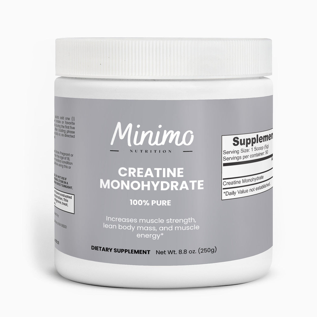 Minimo Nutrition Creatine Monohydrate Powder 8.8 oz tub, front label view