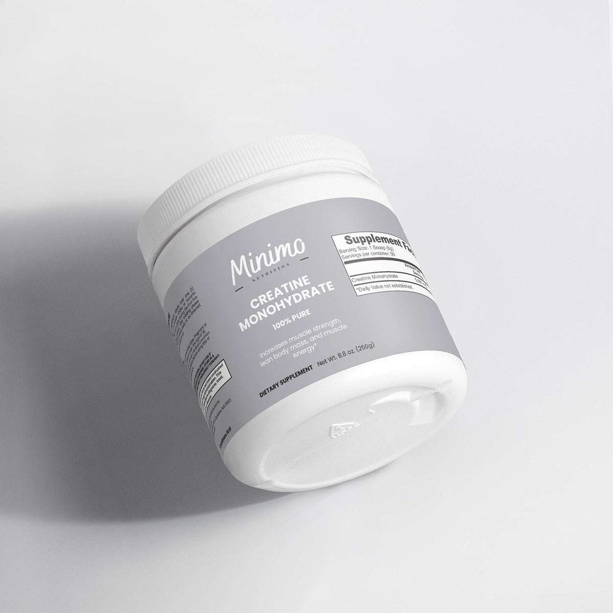 Minimo Nutrition Creatine Monohydrate Powder 8.8 oz tub, label view two