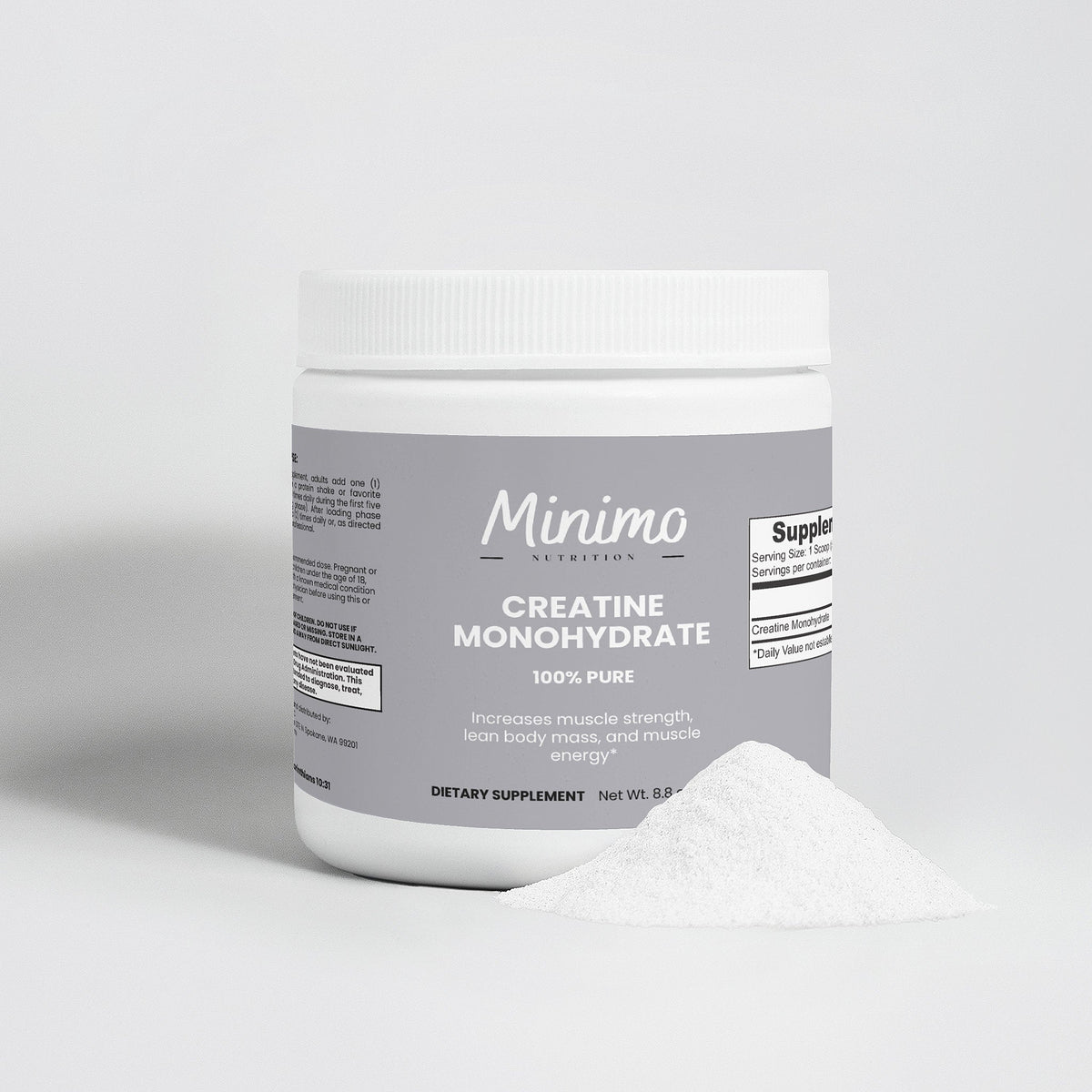 Minimo Nutrition Creatine Monohydrate Powder 8.8 oz tub, label view three