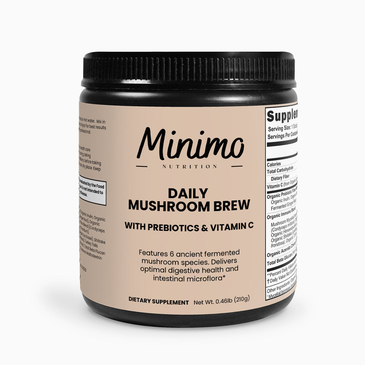 Minimo Nutrition Daily Mushroom Brew, 7.4 oz, product label image