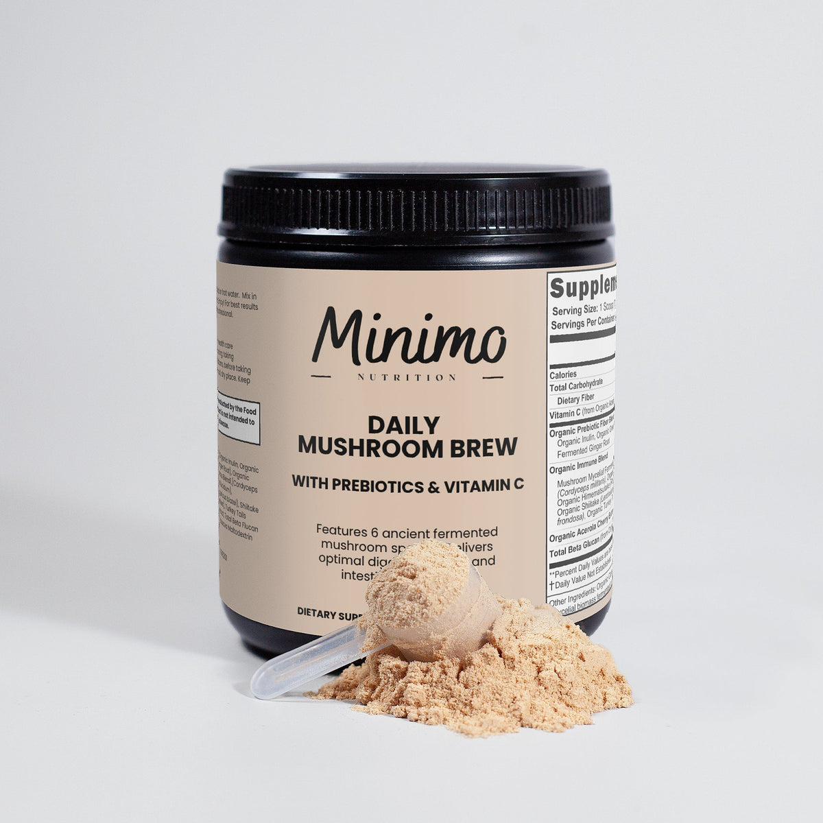Minimo Nutrition Daily Mushroom Brew, 7.4 oz, label image, additional detail