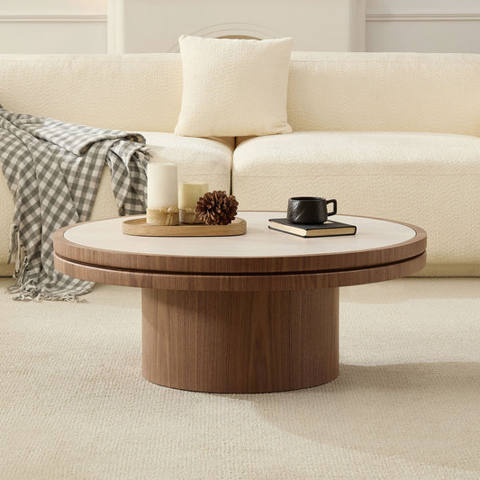 35.43-inch round coffee table with sintered stone tabletop and walnut-finish MDF pedestal base
