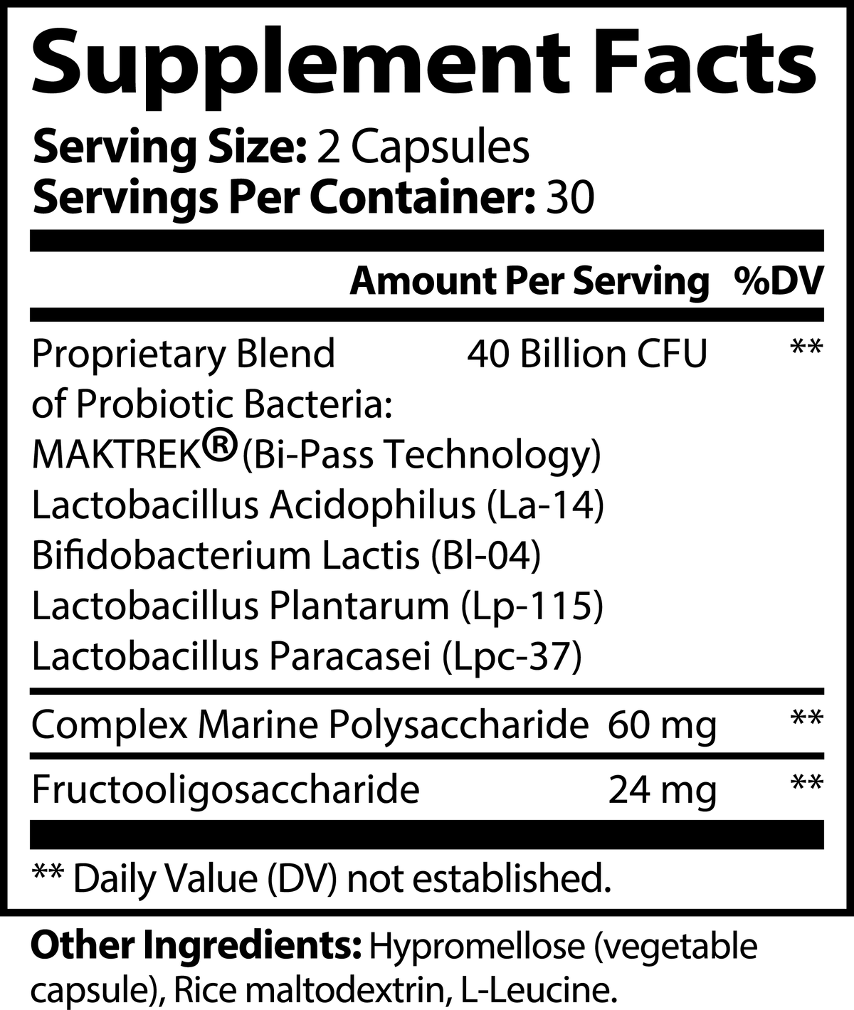 Minimo Nutrition Probiotic 40 Billion with Prebiotics Supplement Facts panel label image