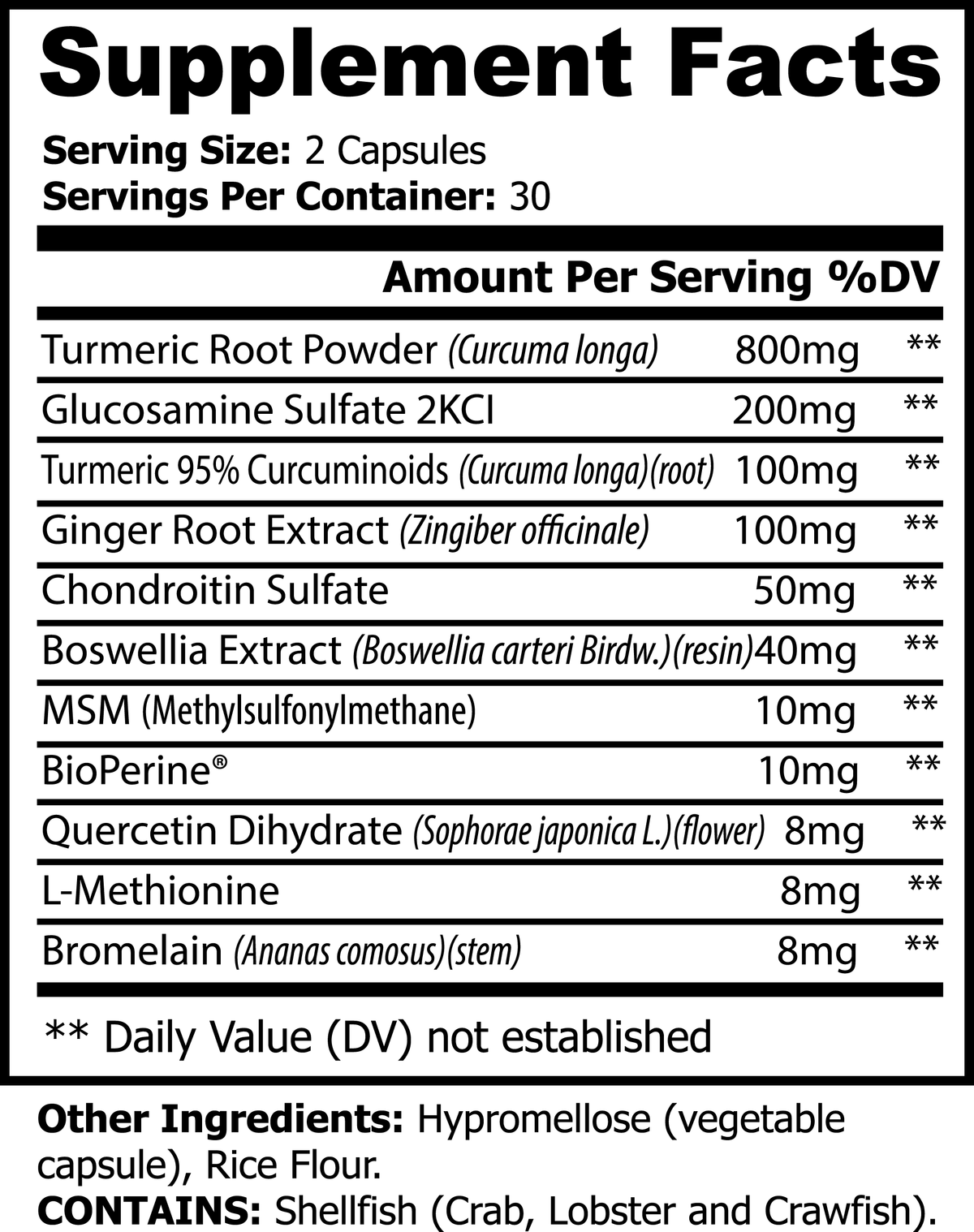 Minimo Nutrition Platinum Turmeric Supplement Facts panel label image