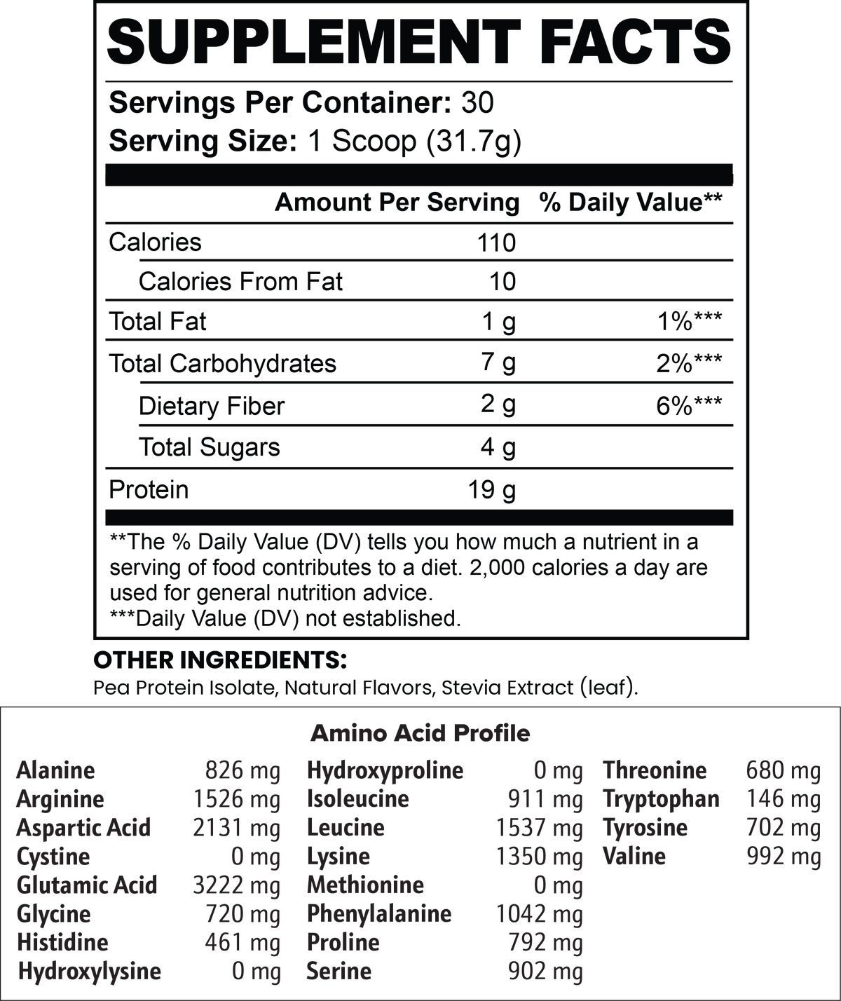 Minimo Nutrition Chocolate Vegan Pea Protein Isolate Powder Supplement Facts panel label image