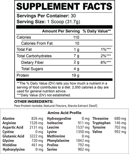 Minimo Nutrition Chocolate Vegan Pea Protein Isolate Powder Supplement Facts panel label image
