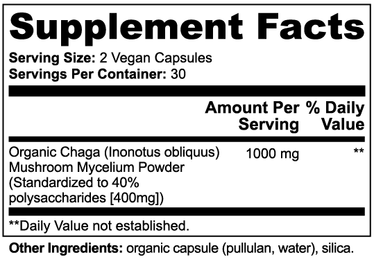Minimo Nutrition Organic Chaga Mushroom Supplement Facts panel label image