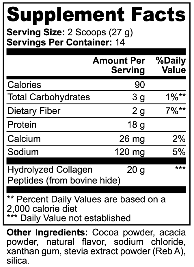 Minimo Nutrition Grass-Fed Collagen Peptides Powder (Chocolate) Supplement Facts panel label image