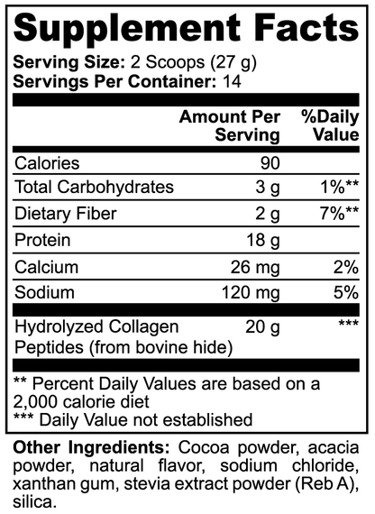 Minimo Nutrition Grass-Fed Collagen Peptides Powder (Chocolate) Supplement Facts panel label image