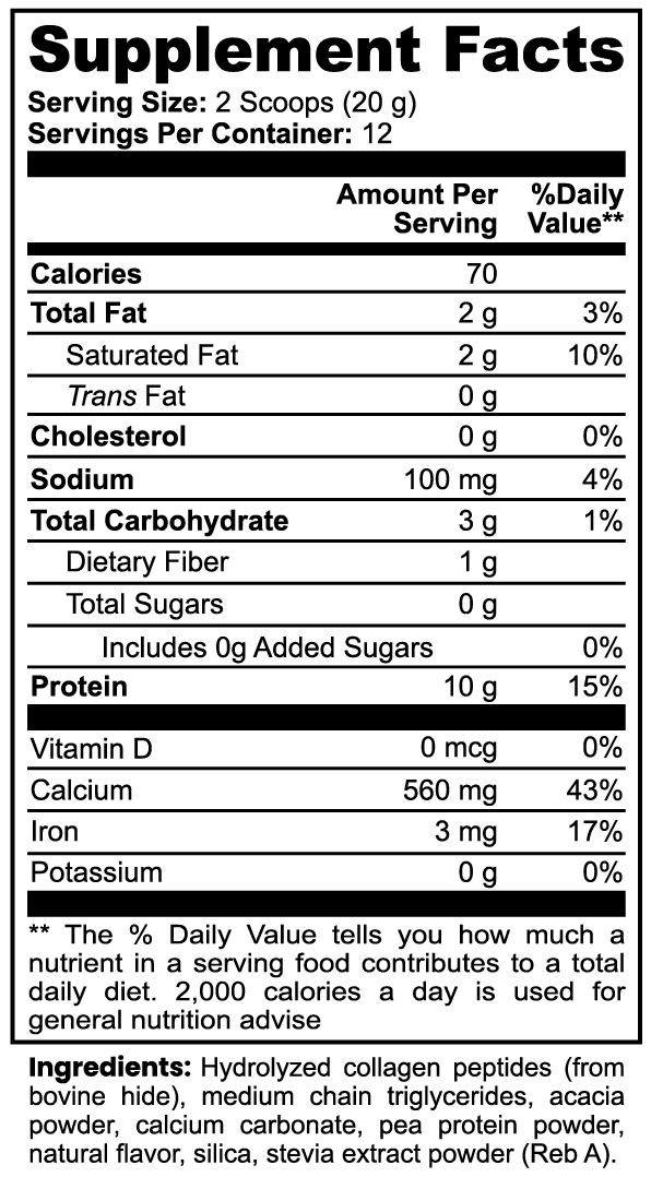 Minimo Nutrition Grass-Fed Collagen Creamer Supplement Facts panel label