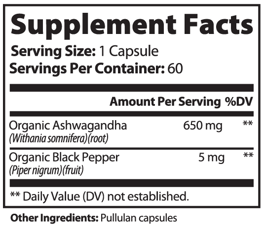 Minimo Nutrition Organic Ashwagandha with Black Pepper Supplement Facts panel label image