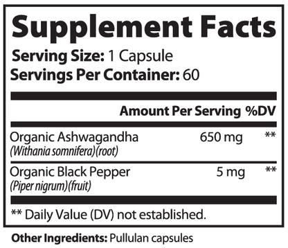 Minimo Nutrition Organic Ashwagandha with Black Pepper Supplement Facts panel label image