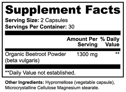 Minimo Nutrition Organic Beetroot Capsuled Powder Supplement Facts panel label image