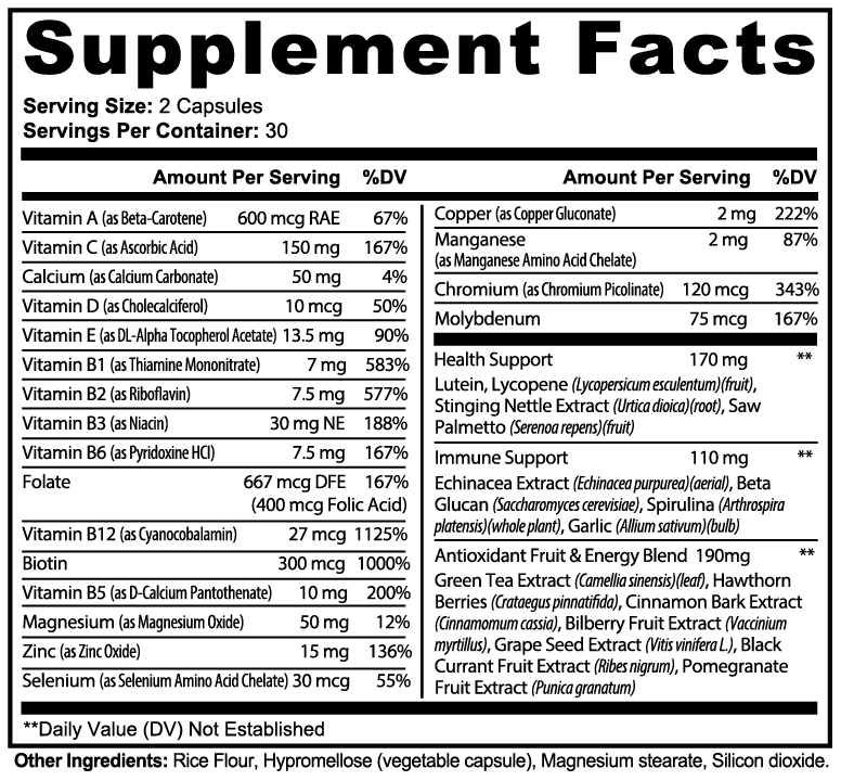 Minimo Nutrition Complete Multivitamin + Immunity Boost Supplement Facts panel label image