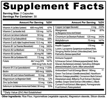 Minimo Nutrition Complete Multivitamin + Immunity Boost Supplement Facts panel label image