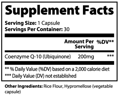 Minimo Nutrition CoQ10 Ubiquinone Supplement Facts panel label image