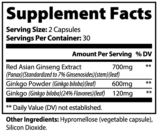 Minimo Nutrition Ginkgo Biloba + Ginseng Supplement Facts panel label