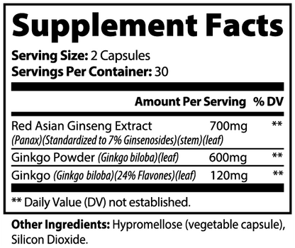Minimo Nutrition Ginkgo Biloba + Ginseng Supplement Facts panel label