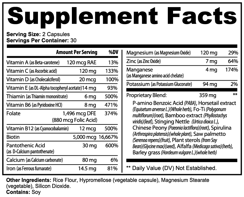 Minimo Nutrition Hair, Skin and Nails Essentials Supplement Facts panel label image