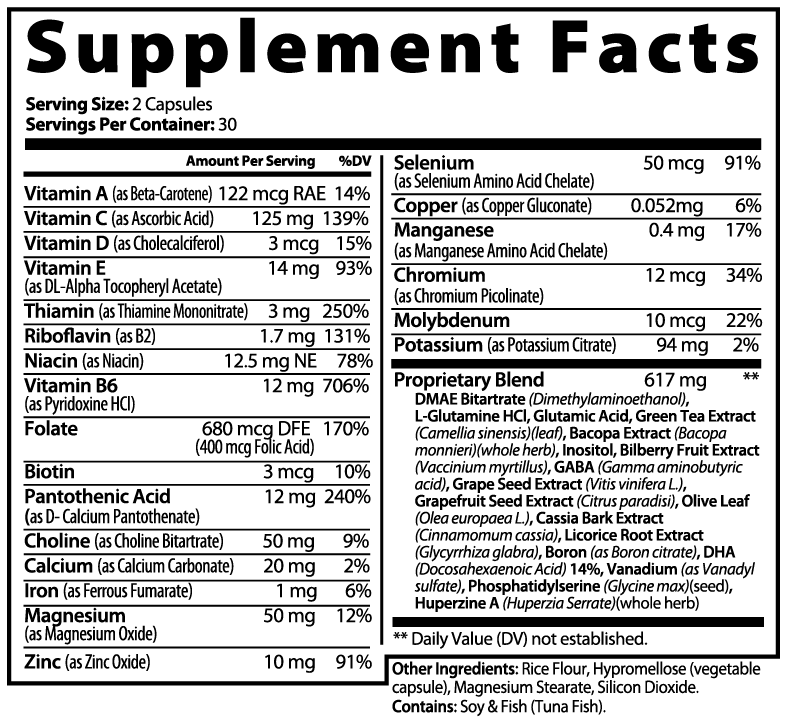 Minimo Nutrition Brain & Focus Formula Supplement Facts panel label image